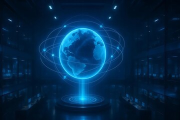 Global technology network glowing in futuristic server room, showcasing worldwide connectivity and data flow for modern business and innovation, signaling progress and digital transformation