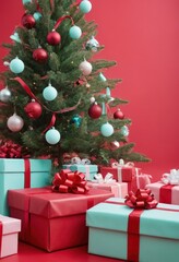 Blue gift boxes with orange ribbons and Christmas tree on red background, festive holiday decoration scene.