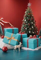 Blue gift boxes with orange ribbons and Christmas tree on red background, festive holiday decoration scene.