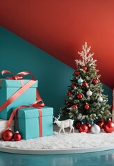 Blue gift boxes with orange ribbons and Christmas tree on red background, festive holiday decoration scene.