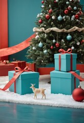 Blue gift boxes with orange ribbons and Christmas tree on red background, festive holiday decoration scene.