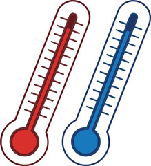 Red and blue glass thermometers show Celsius and Fahrenheit temperature measurement for hot and cold weather.