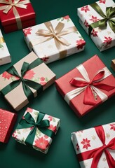 Christmas gift boxes with festive wrapping paper and satin ribbons on green background, holiday present decoration flat lay.