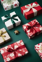 Christmas gift boxes with festive wrapping paper and satin ribbons on green background, holiday present decoration flat lay.
