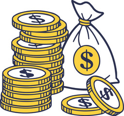A golden bag of money with coins is a symbol of success in finance and investment.