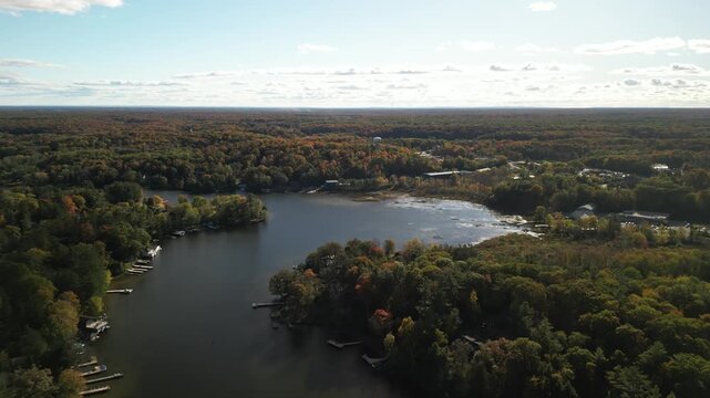 Aerial of Indian River in Port Carling Ontario Canada in fall