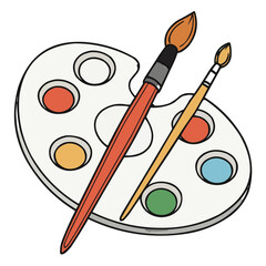 An artist's palette holding brushes and paints is an icon of artistic creativity for painting a colourful illustration.