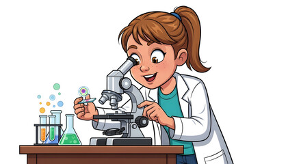 Curious young scientist eagerly explores microscopic world with a microscope and colorful experiments, sparking curiosity and discovery