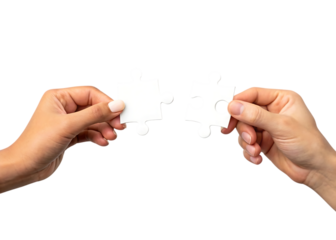 Two hands holding jigsaw puzzle pieces representing connection and collaboration against a black background emphasizing unity and teamwork