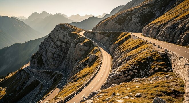 Scenic Mountain Road Winding Through Rugged Alpine Landscape at Sunset.