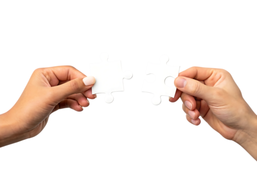 Two hands holding jigsaw puzzle pieces representing connection and collaboration against a black background emphasizing unity and teamwork