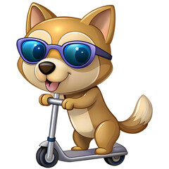Cool dog character with sunglasses riding a scooter