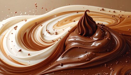A Macro Close-up of Dark Chocolate and White Chocolate Swirling Together in a Dynamic Vortex Pattern