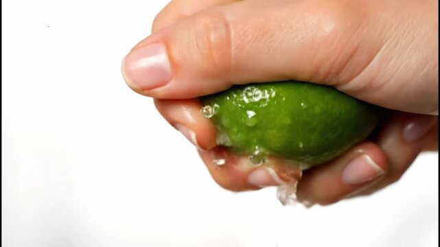 Squeezing lime in hand to extract juice, close-up shot of a hand squeezing a fresh, ripe lime to