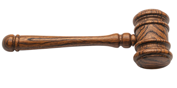 Wooden gavel with a dark, striped wood grain against a black background