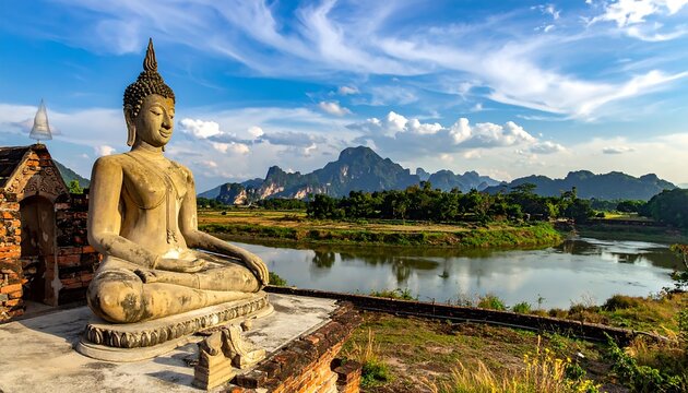 A serene statue of a seated figure gazes across a tranquil river towards a mountainous horizon, beneath a bright blue sky with puffy clouds