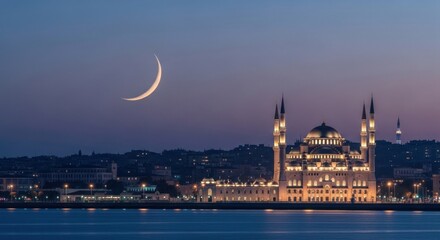 Fototapeta premium Mosque illuminated at dusk under a crescent moon, cityscape background