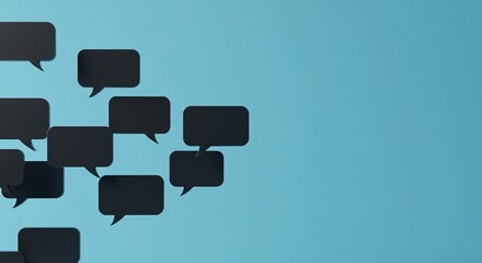 Trendy black speech bubbles on a calming blue backdrop create a modern communication statement perfect for social media marketing and engaging discussions