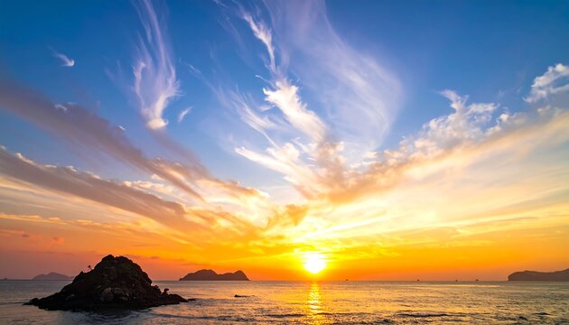 Golden sunrise over a tranquil sea with a dramatic, cloudy sky - Powered by Adobe