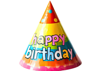 Birthday hat with bright colors and "Happy Birthday" text on black