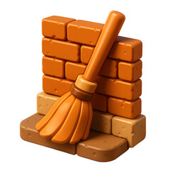 3D Witch broom leaning against an old brick wall