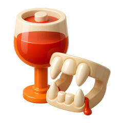 3D Vampire fangs next to a glass of red liquid