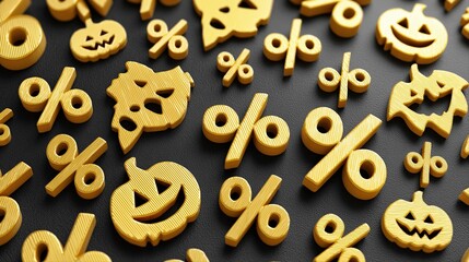 Gold halloween symbols and percent signs on black surface display