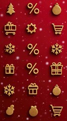 Festive gold christmas icons on red background with snowfall effect