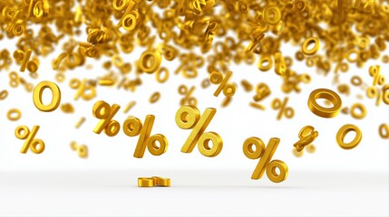 Golden percent symbols in dynamic motion against white background