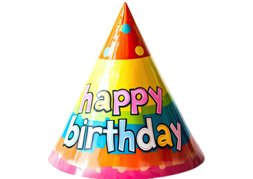 Birthday hat with bright colors and "Happy Birthday" text on black