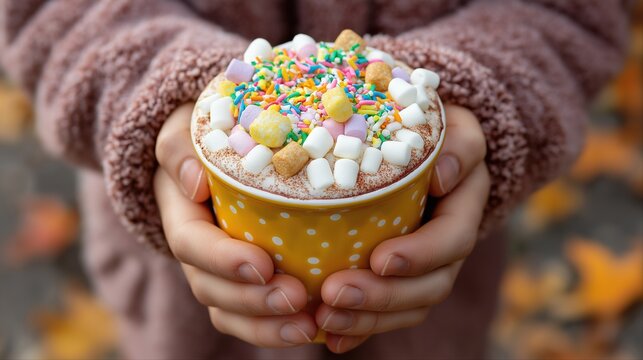 Warm hot chocolate with marshmallows and sprinkles in child's hands