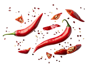 Glossy red chili peppers and flakes floating on a stark black background