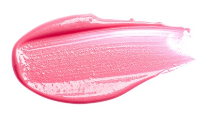 A macro shot showcases a glossy, pink swatch with a smooth, creamy texture. Highlights and shadows define the curved shape against a white backdrop