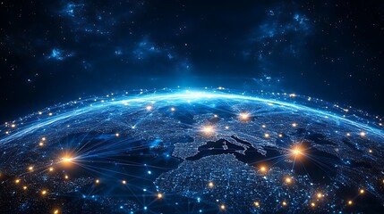 A digital earth with glowing connections against a dark starry space background in blue tones