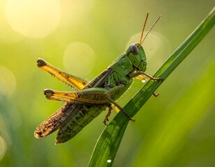 Fototapeta premium A close-up captures a green grasshopper on a blade of grass against a blurred, sunlit background