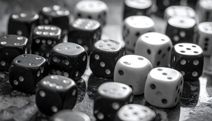 A monochromatic close-up of various dice, some black, some white. The dice are scattered across a surface, showcasing different number combinations
