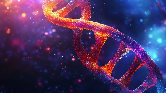 A vibrant dna strand with a colorful helix structure against a dark and speckled background design element - Powered by Adobe
