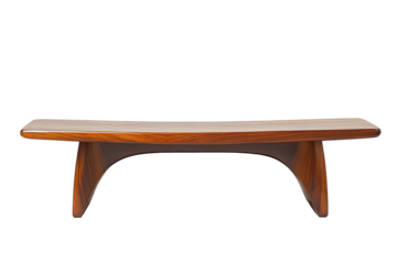 Sleek wood coffee table with curved legs, set against a black background