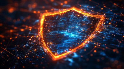 Glowing shield outline with blue and orange digital network background abstract representation