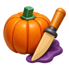 3D Large pumpkin with a carving knife beside it