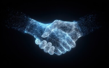 Vibrant digital handshake glowing with electric blue energy against dark abstract background