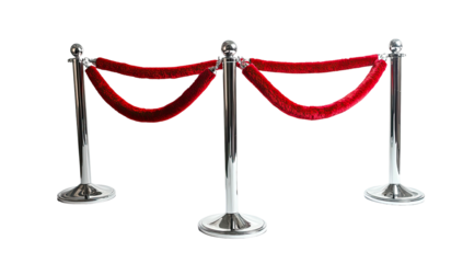 Red velvet rope barrier with chrome poles on black background