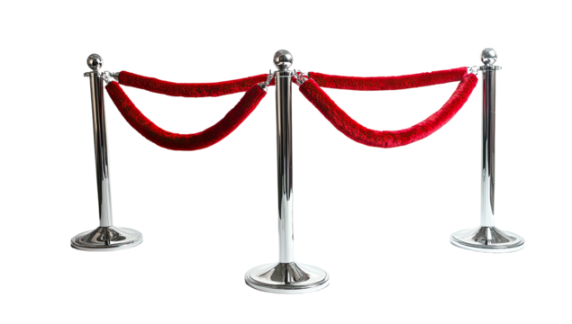 Red velvet rope barrier with chrome poles on black background