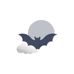 A simple graphic illustration of a bat flying in front of the moon