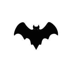 A simple black silhouette of a bat in mid flight position
