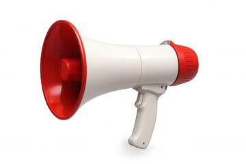 Megaphone broadcasting message, communicating important information with a red and white design, amplifying voice on a transparent background