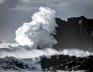 Powerful ocean waves crashing against a rocky coastline