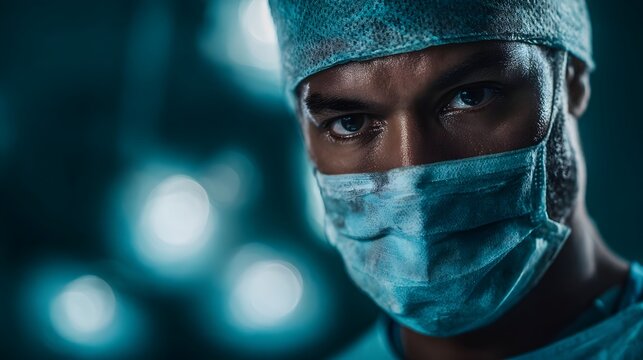 Focused surgeon in mask and cap intense gaze in operating room setting