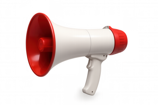 Megaphone broadcasting message, communicating important information with a red and white design, amplifying voice on a transparent background - Powered by Adobe