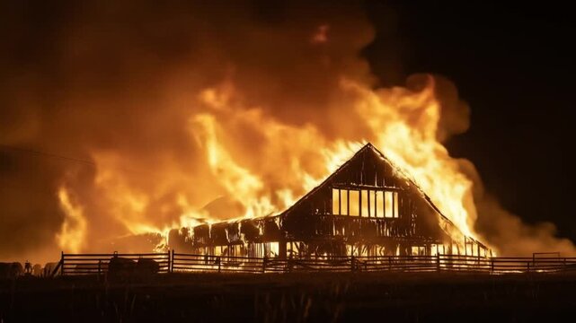 Burning barn structure at night with flames smoke and silhouette